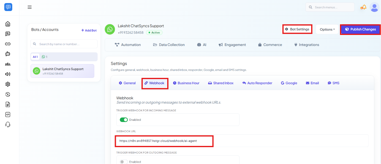 ChatSyncs Bot Settings Webhook tab with Trigger Webhook for Incoming Message enabled and the webhook URL set to an n8n webhook endpoint, with the Bot Settings button and Publish Changes button highlighted