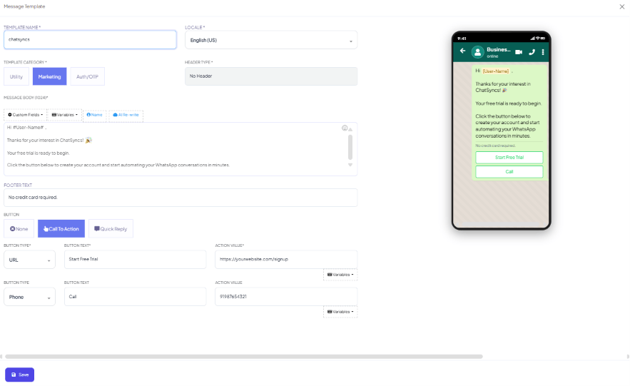 Message Template builder showing Template Name, Locale, Template Category, Header Type, Message Body toolbar, Footer Text, button configuration, and a live preview panel