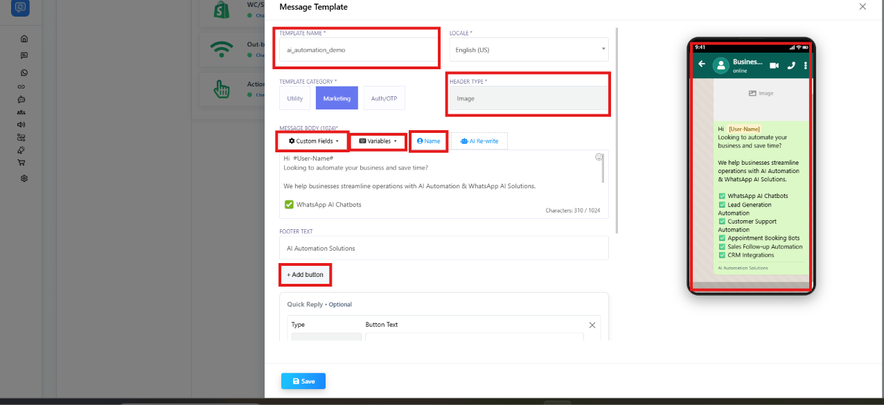 Message Template builder showing Template Name, Locale, Header Type, Message Body toolbar, Footer Text, and a live preview panel