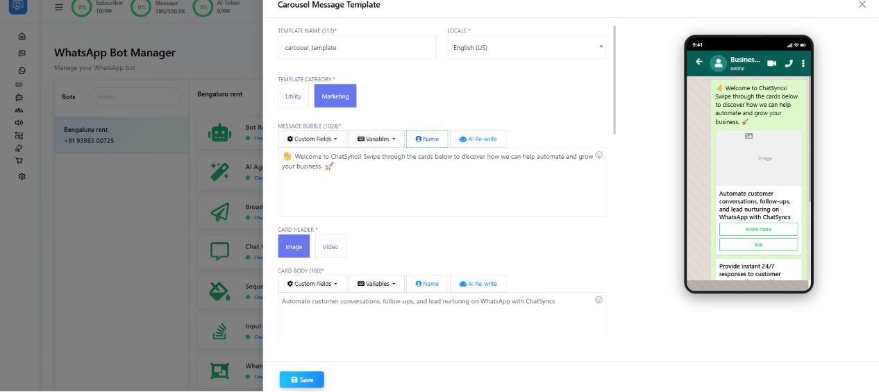 Carousel Message Template builder showing Template Category, Message Bubble, and Card Header options