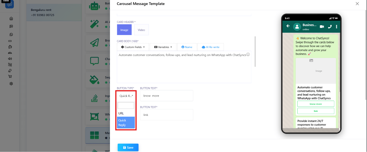 Carousel card button configuration with a Button Type dropdown showing URL and Quick Reply options