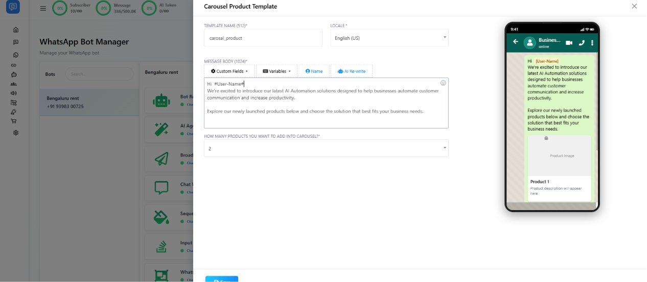 Carousel Product Template builder showing Message Body and a Number of Products dropdown set to 2