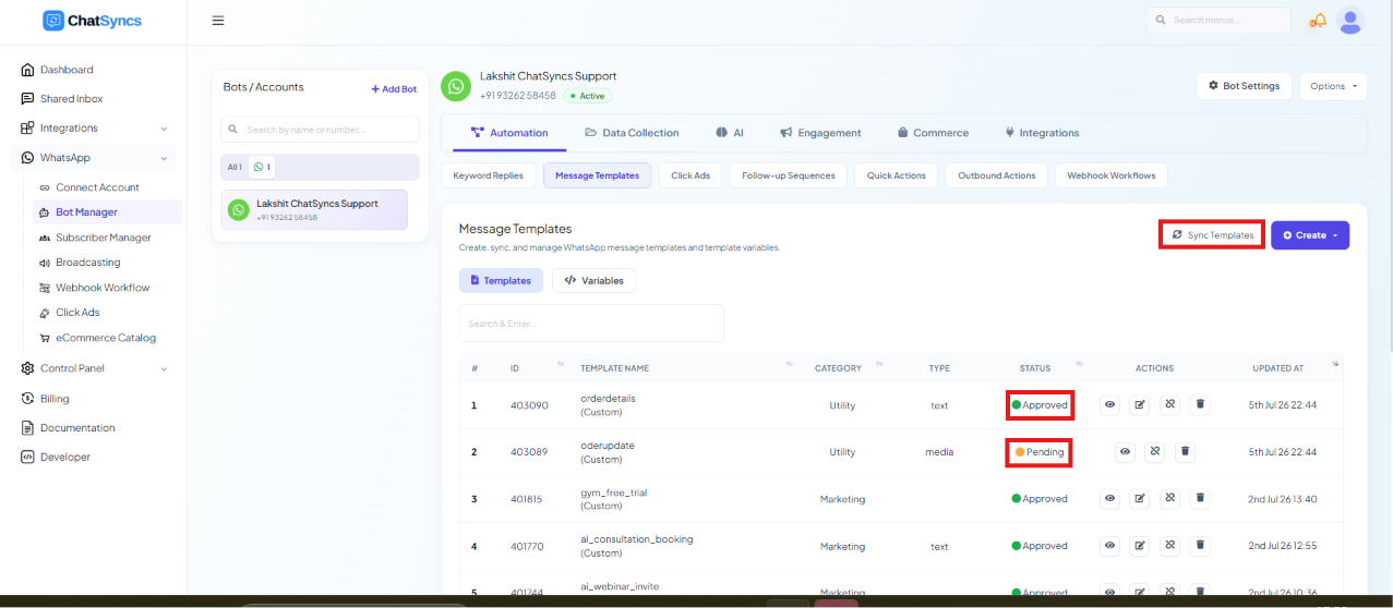 Message Templates list with a Sync Templates button and Approved/Pending status badges highlighted