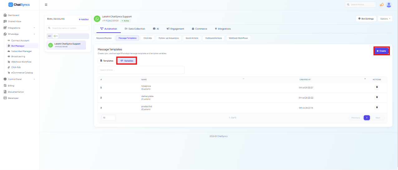 Message Templates page with the Variables tab selected, showing a list of custom variables and a Create button