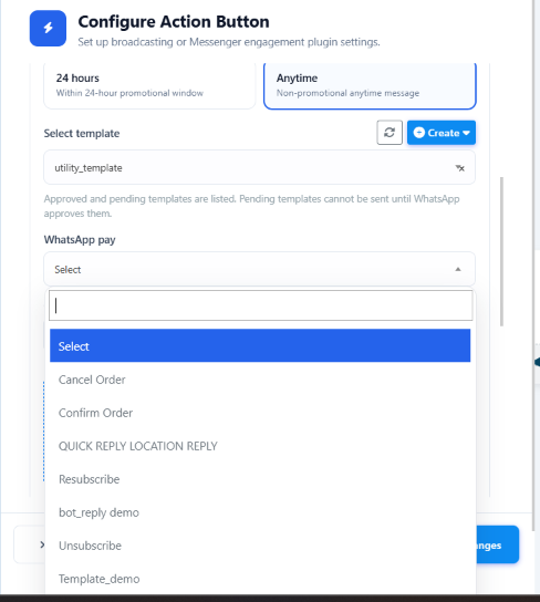Configure Action Button modal with 24 hours / Anytime messaging window options, a Select template field, and a list of flows to trigger