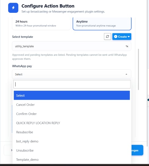 Configure Action Button modal with 24 hours / Anytime messaging window options, a Select template field, and a list of flows to trigger