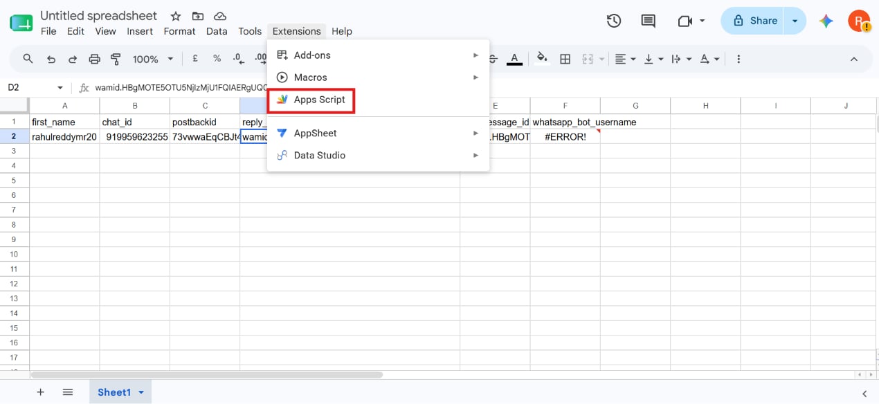 Google Sheets Extensions menu with Apps Script highlighted