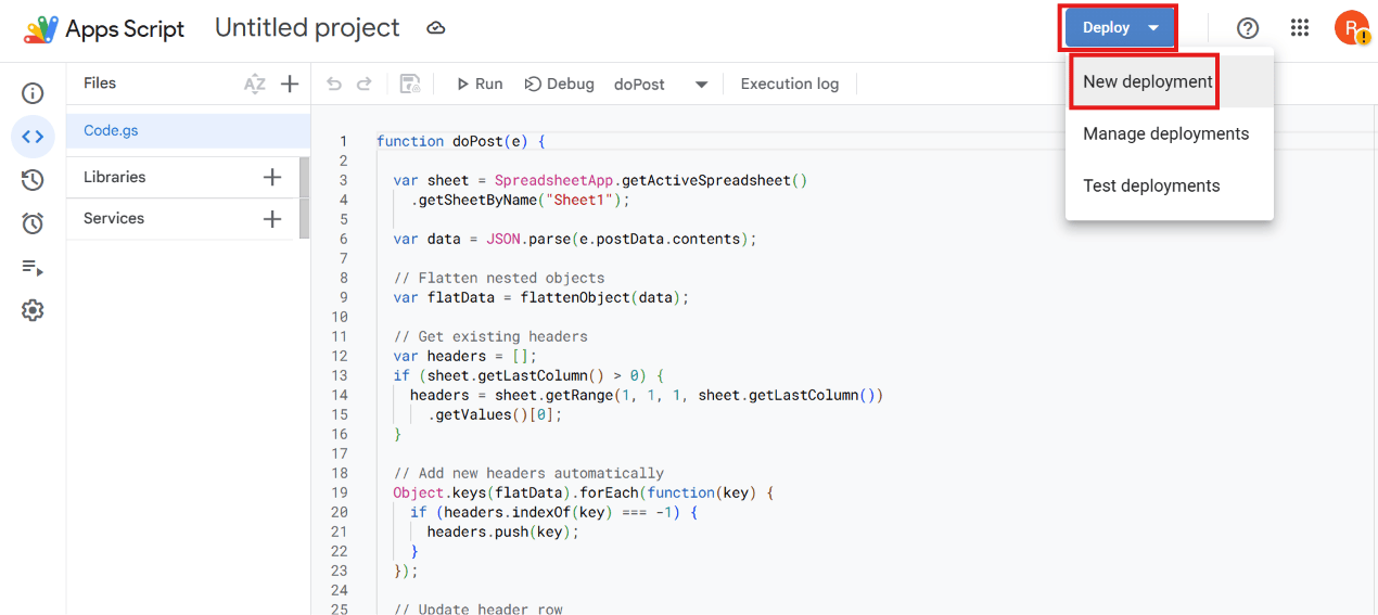 Apps Script Code.gs editor with a doPost script and the Deploy button highlighted