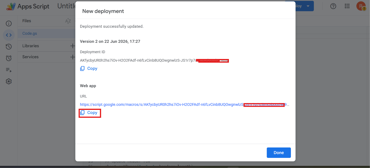 Apps Script deployment success dialog showing the Web app URL and a Copy button
