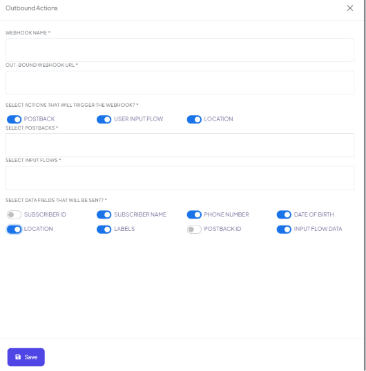 Outbound Actions form with Webhook Name, Out-bound Webhook URL, Postback/User Input Flow/Location trigger toggles all enabled, Select Postbacks and Select Input Flows dropdowns, and data field toggles for Subscriber ID, Subscriber Name, Phone Number, Date of Birth, Location, Labels, Postback ID, and Input Flow Data