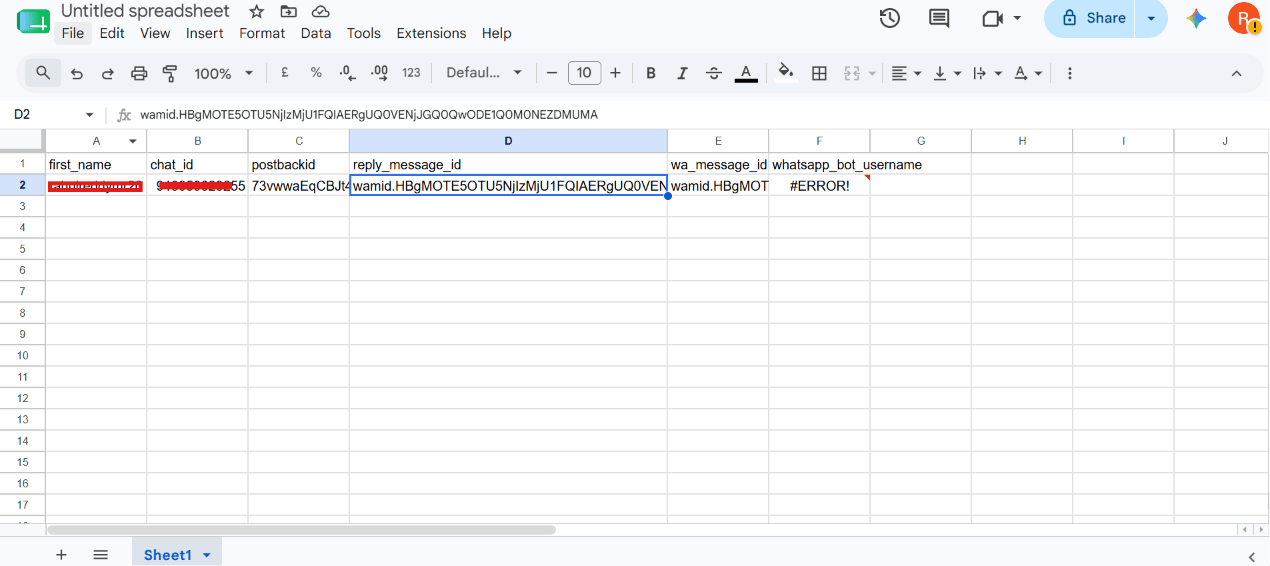 Google Sheet with columns first_name, chat_id, postbackid, reply_message_id, wa_message_id, and whatsapp_bot_username auto-populated from a webhook payload