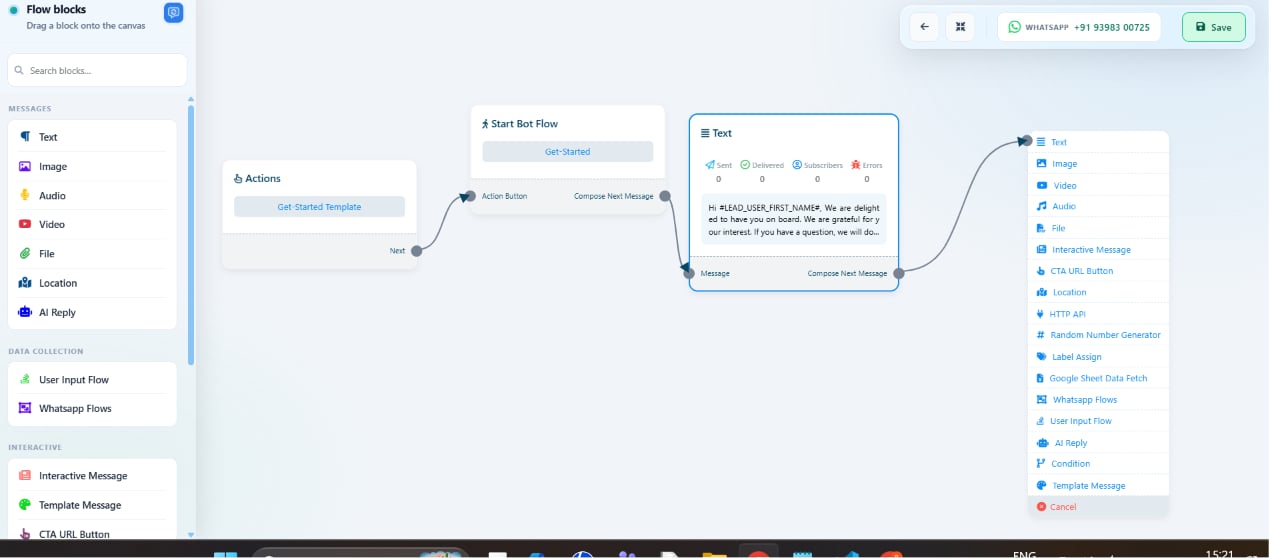 Get-started flow showing Start Bot Flow connected to a personalized welcome text message