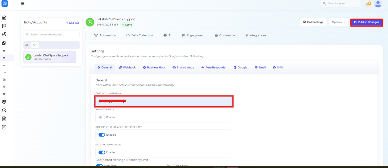 Settings General tab with the Chat with Human Email field and the Publish Changes button highlighted