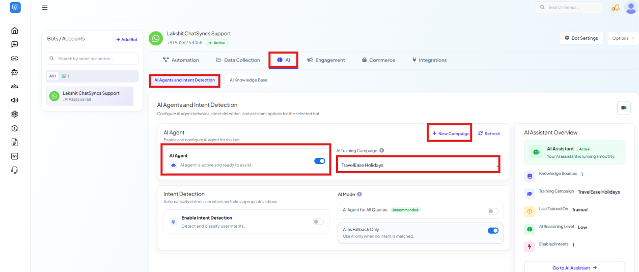 AI Agents and Intent Detection panel with the AI Agent enabled and TravelEase Holidays selected as the AI Training Campaign, alongside the AI Assistant Overview sidebar