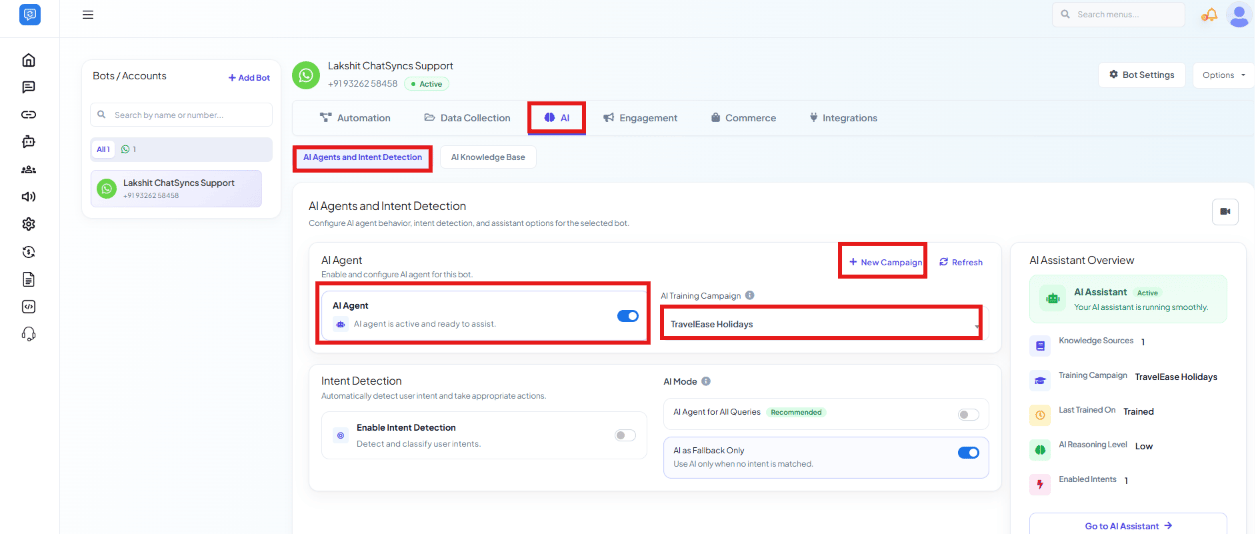 AI Agents and Intent Detection panel with the AI Agent enabled and TravelEase Holidays selected as the AI Training Campaign, alongside the AI Assistant Overview sidebar