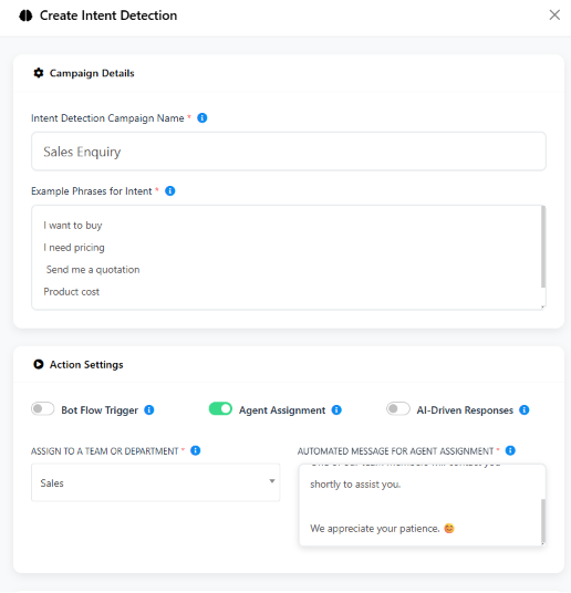 Create Intent Detection modal named Sales Enquiry, with example phrases I want to buy, I need pricing, Send me a quotation, Product cost, and Agent Assignment enabled, assigned to the Sales team