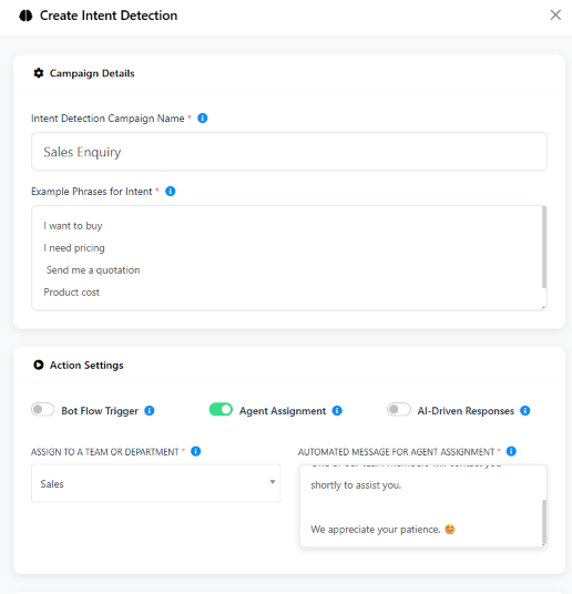 Create Intent Detection modal named Sales Enquiry, with example phrases I want to buy, I need pricing, Send me a quotation, Product cost, and Agent Assignment enabled, assigned to the Sales team