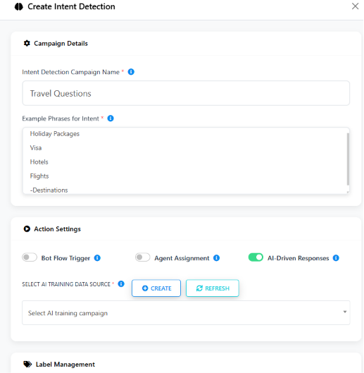 Create Intent Detection modal named Travel Questions, with example phrases Holiday Packages, Visa, Hotels, Flights, Destinations, and AI-Driven Responses enabled with an AI training data source selected