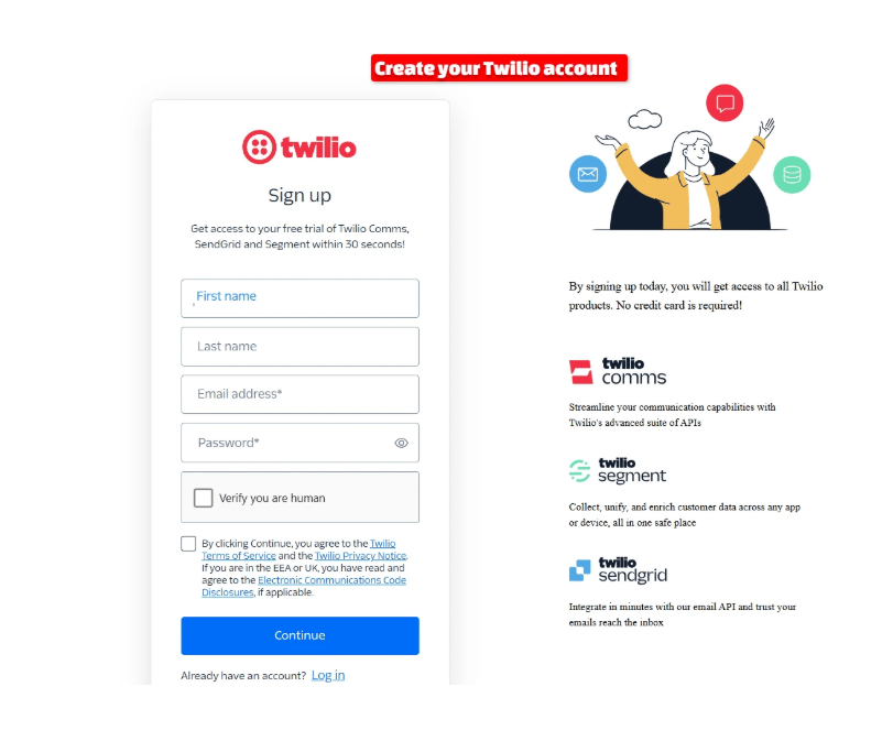 Twilio sign-up form with First name, Last name, Email address, Password fields, a Verify you are human checkbox, and a Continue button