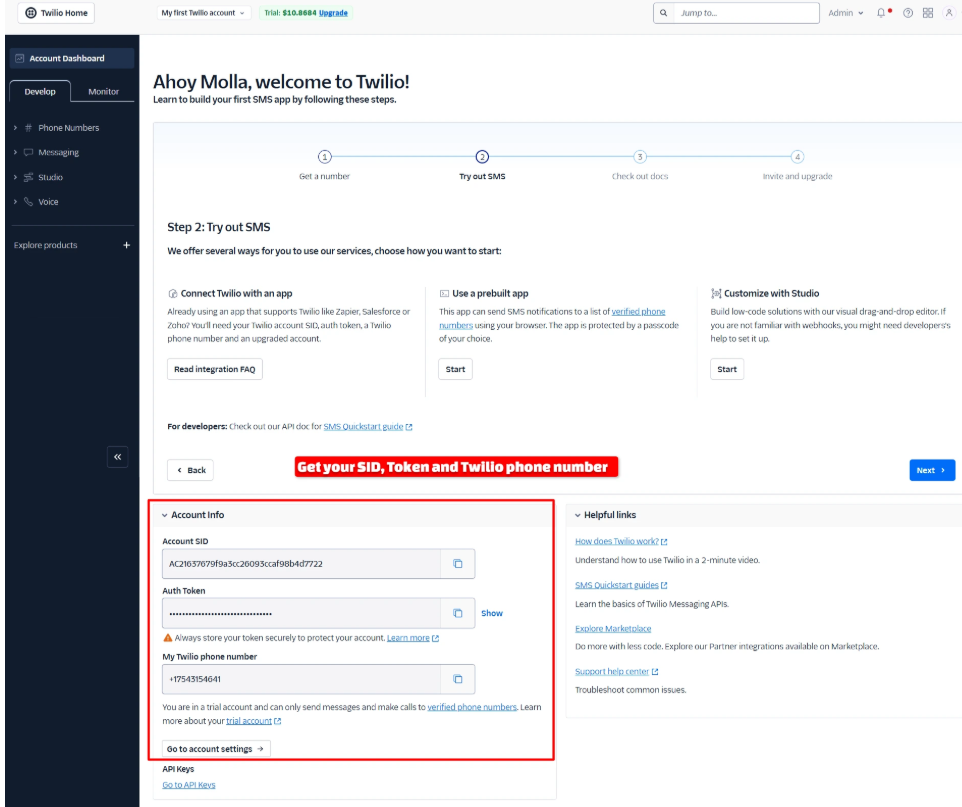 Twilio Account Dashboard with the Account Info panel expanded, showing the Account SID, Auth Token (with a Show link), and Twilio phone number fields