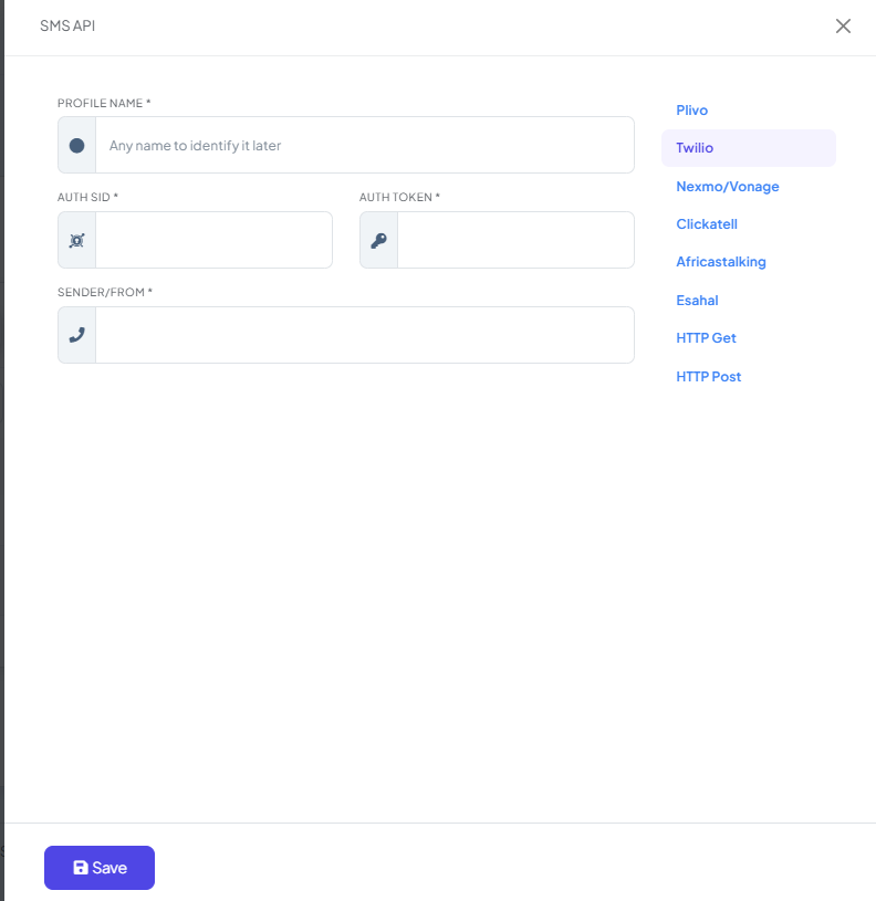 SMS API modal with Twilio selected in the provider list on the right, and Profile Name, Auth SID, Auth Token, and Sender/From fields on the left