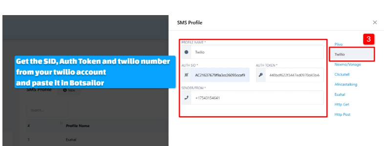 SMS Profile form with Twilio selected and the Profile Name, Auth SID, Auth Token, and Sender/From fields filled in with real values