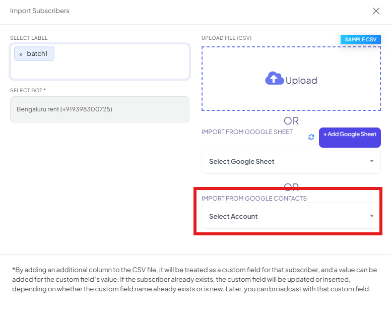 Import Subscribers modal with Select Label showing batch1, Select Bot set, and the Import from Google Contacts section highlighted with a Select Account dropdown