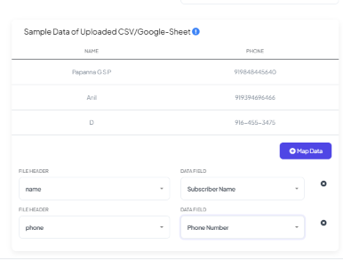 Sample Data preview with Name and Phone columns from Google Contacts, and the File Header to Data Field mapping already set to Subscriber Name and Phone Number