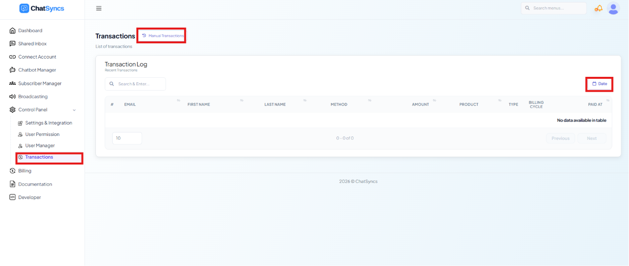 ChatSyncs left navigation with Control Panel and Transactions selected, the Manual Transactions button highlighted, and the Transaction Log table with a Date filter highlighted