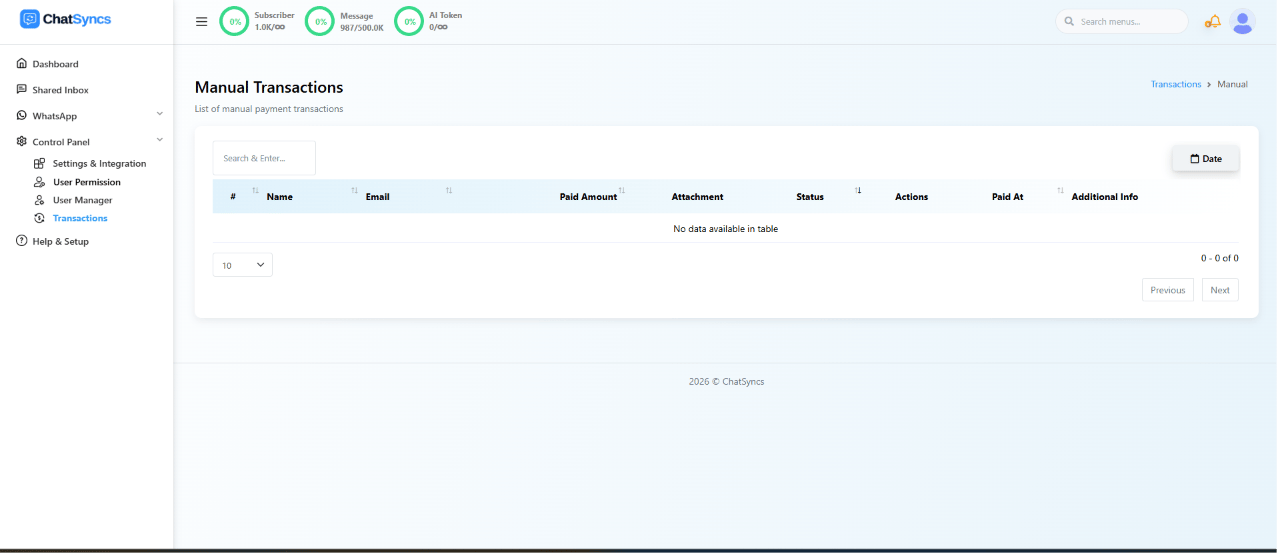 Manual Transactions table with columns Name, Email, Paid Amount, Attachment, Status, Actions, Paid At, Additional Info