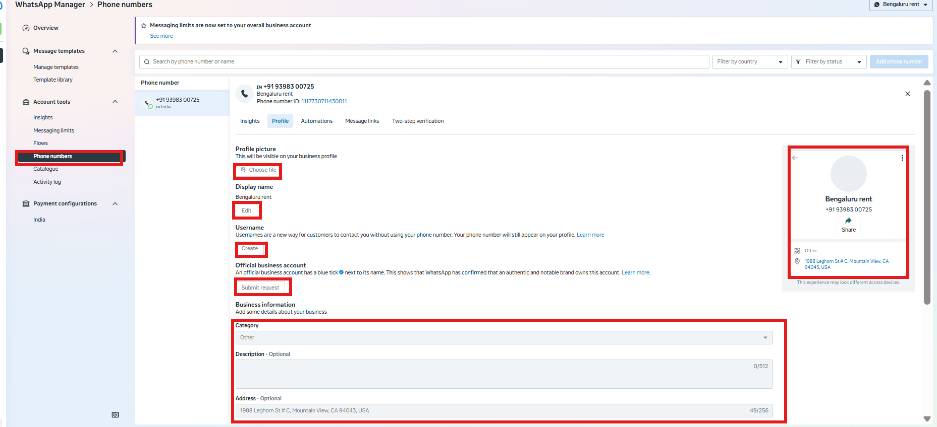 WhatsApp Manager with Account tools > Phone numbers selected in the sidebar, one phone number selected, and its Profile tab open showing Profile picture, Display name, Username, Official business account, Category, Description, and Address fields, with a live profile preview panel on the right