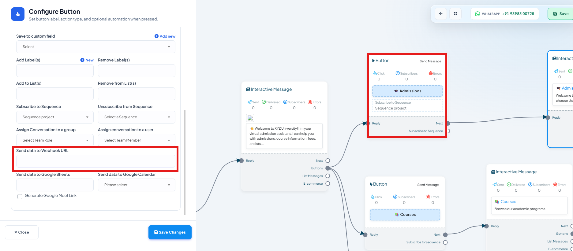 Configure Button panel with the Send data to Webhook URL field boxed, below Assign Conversation to a group/user and above Send data to Google Sheets and Send data to Google Calendar