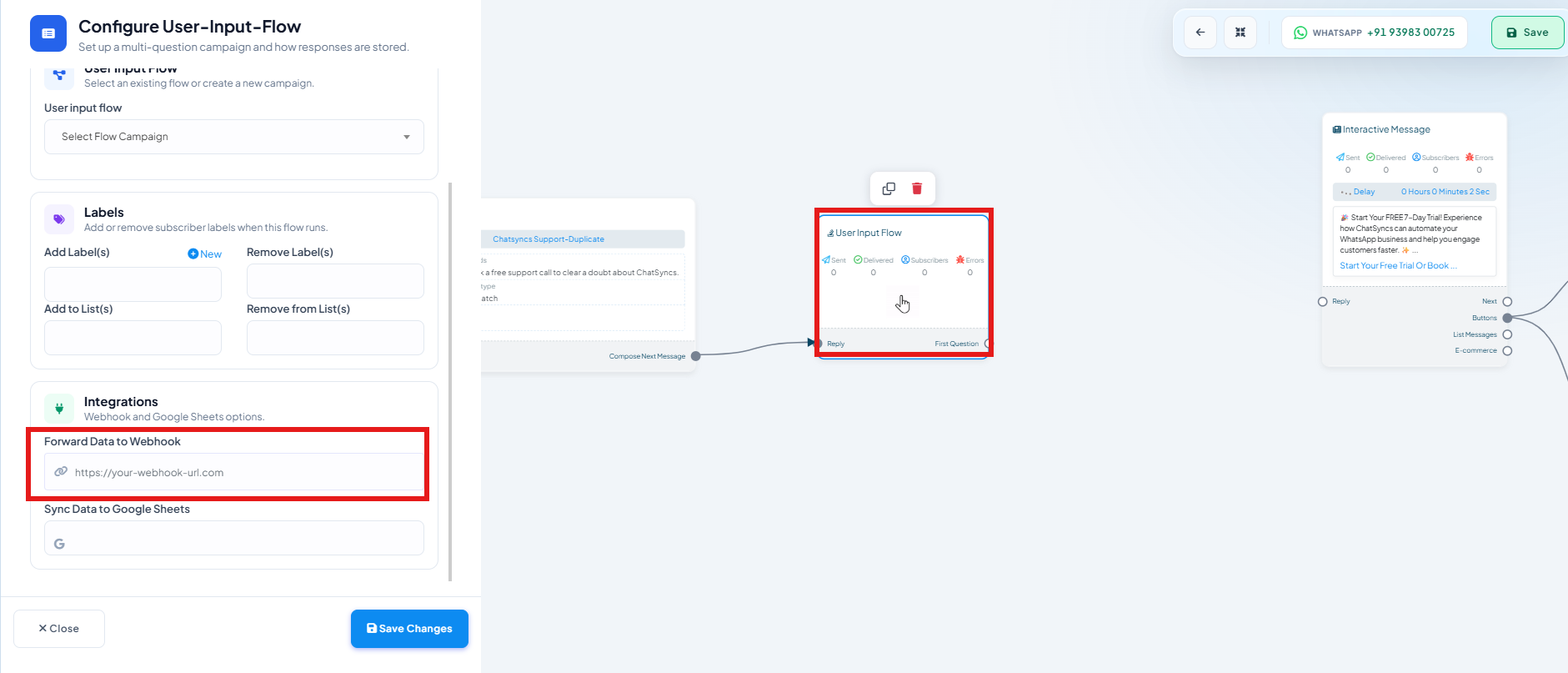 Configure User-Input-Flow panel with the Integrations section open and the Forward Data to Webhook field boxed, above Sync Data to Google Sheets