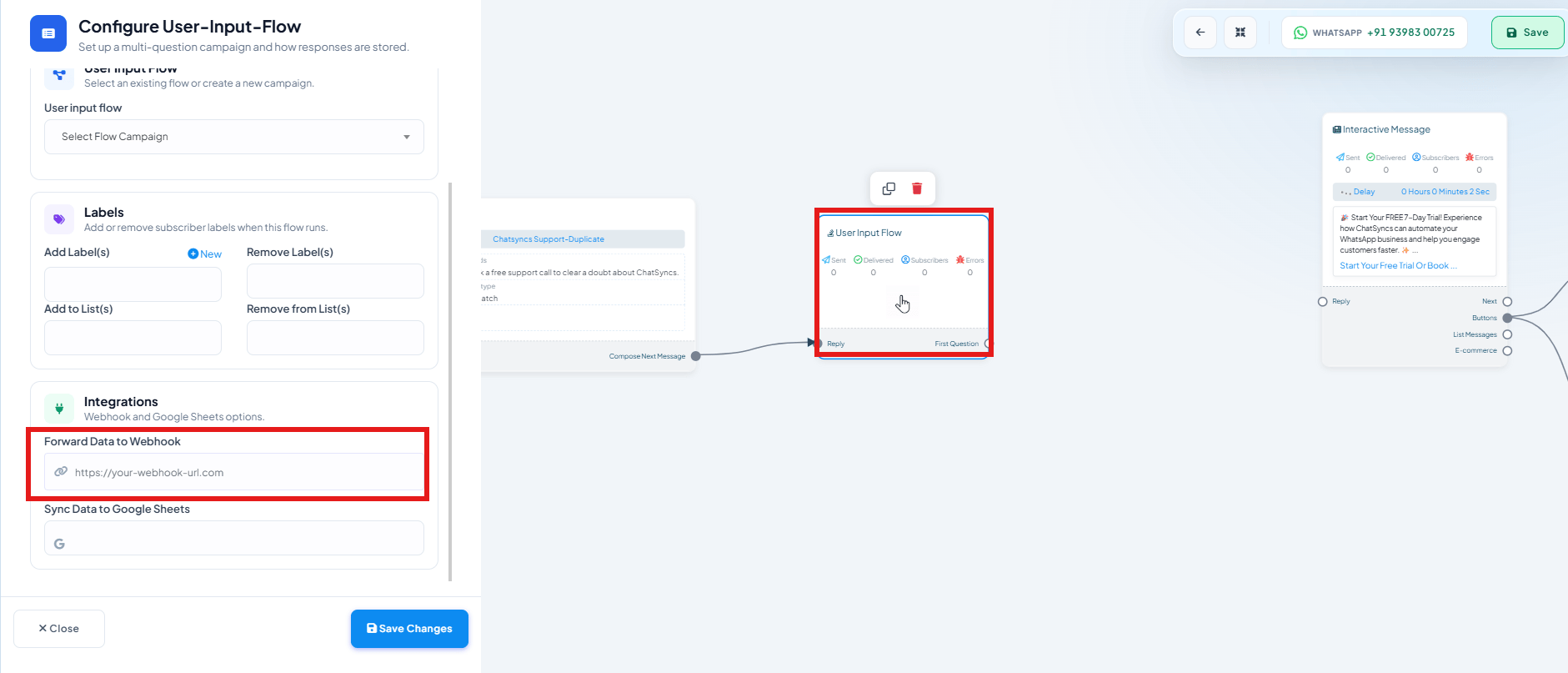 Configure User-Input-Flow panel with the Integrations section open and the Forward Data to Webhook field boxed, above Sync Data to Google Sheets