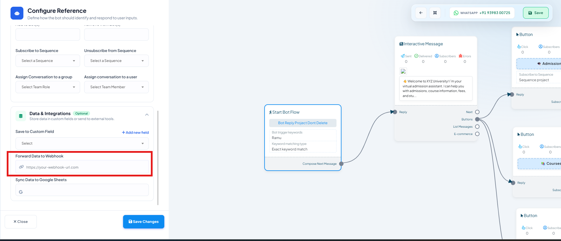 Configure Reference panel for a Start Bot Flow block, with the Data & Integrations section open and the Forward Data to Webhook field boxed, above Sync Data to Google Sheets