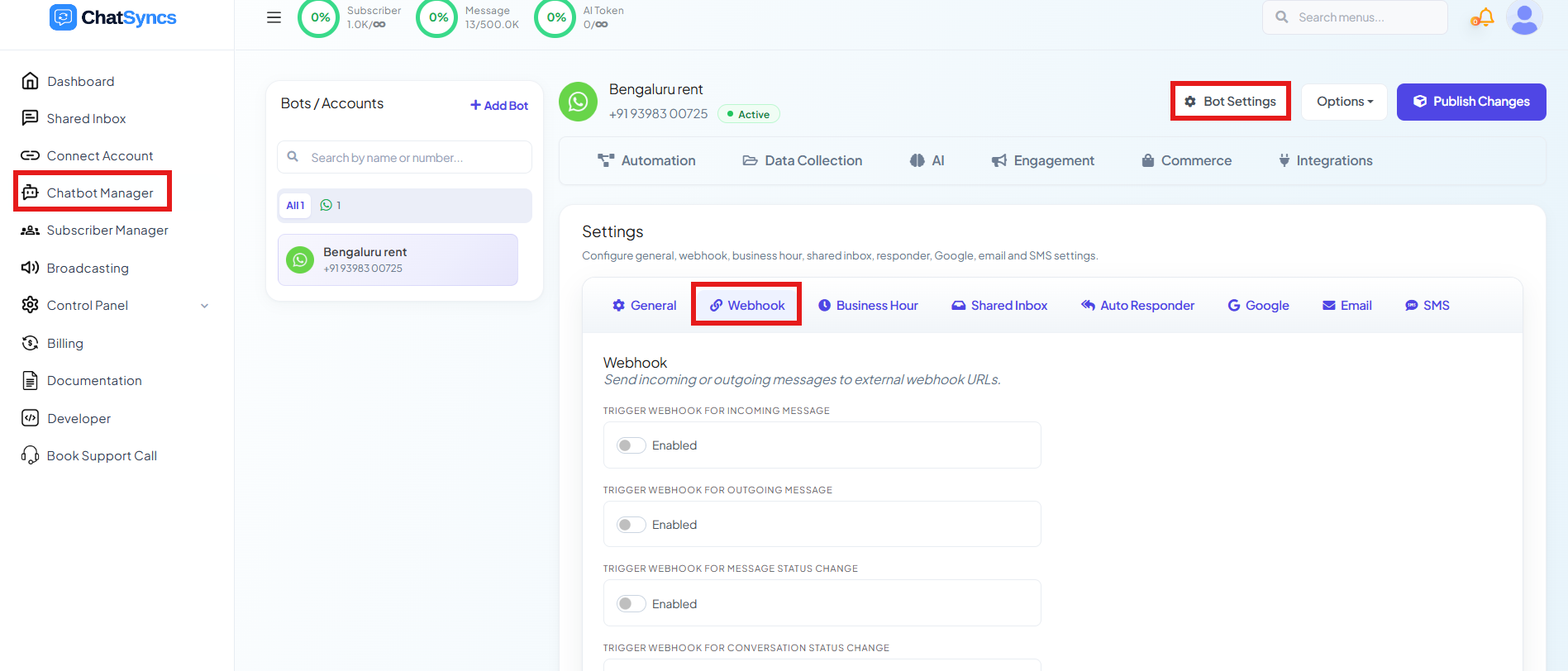 ChatSyncs left navigation with Chatbot Manager selected, Bot Settings button highlighted, and the Webhook tab selected showing Send incoming or outgoing messages to external webhook URLs
