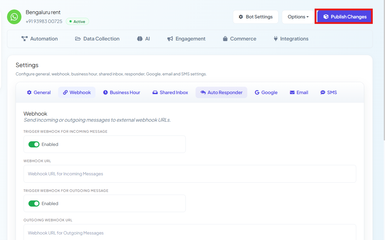 Bot Settings header with the Publish Changes button highlighted, after entering webhook URLs