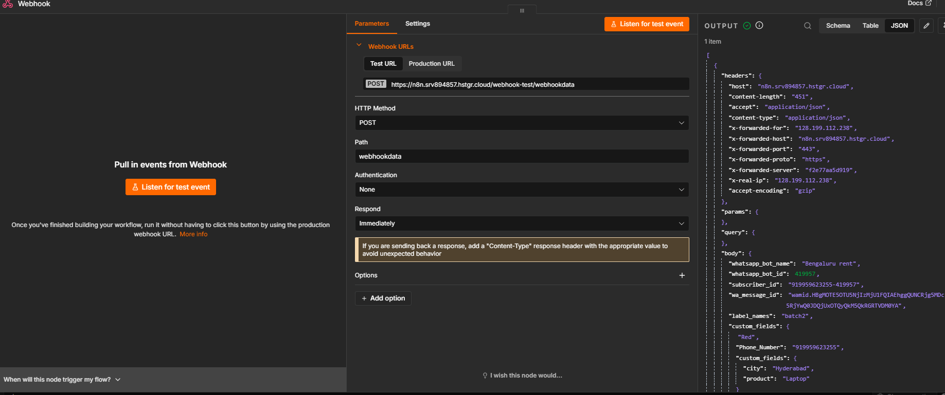 n8n Webhook node showing a captured test event with the raw JSON payload in the Output panel