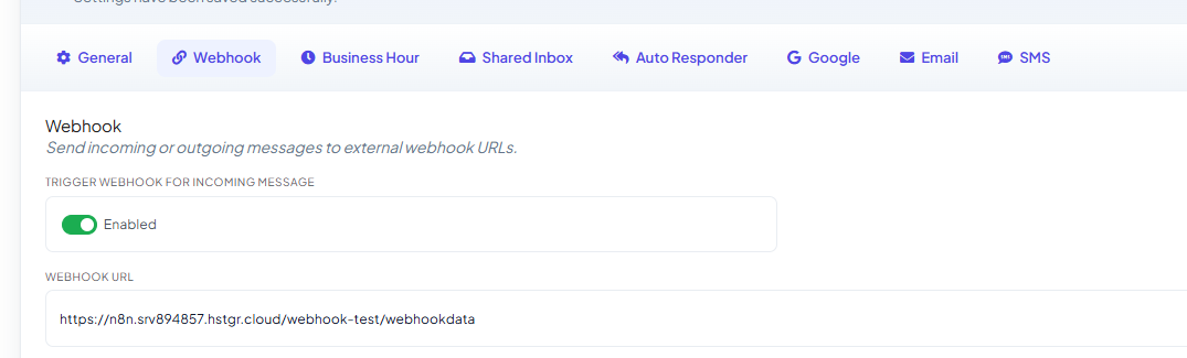 Webhook tab with Trigger Webhook for Incoming Message enabled and its Webhook URL field filled in