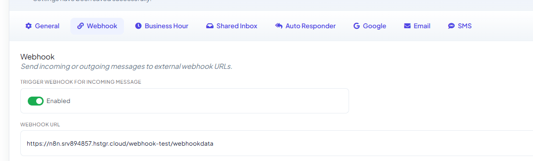 Webhook tab with Trigger Webhook for Incoming Message enabled and its Webhook URL field filled in