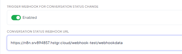 Webhook tab with Trigger Webhook for Conversation Status Change enabled and its Conversation Status Webhook URL field filled in