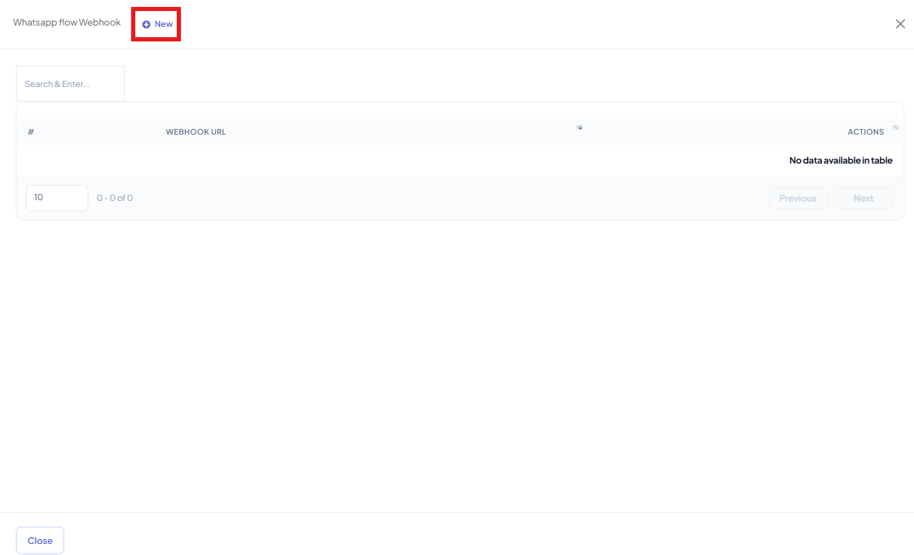 WhatsApp Flow Webhook panel showing an empty webhook URL table and a New button