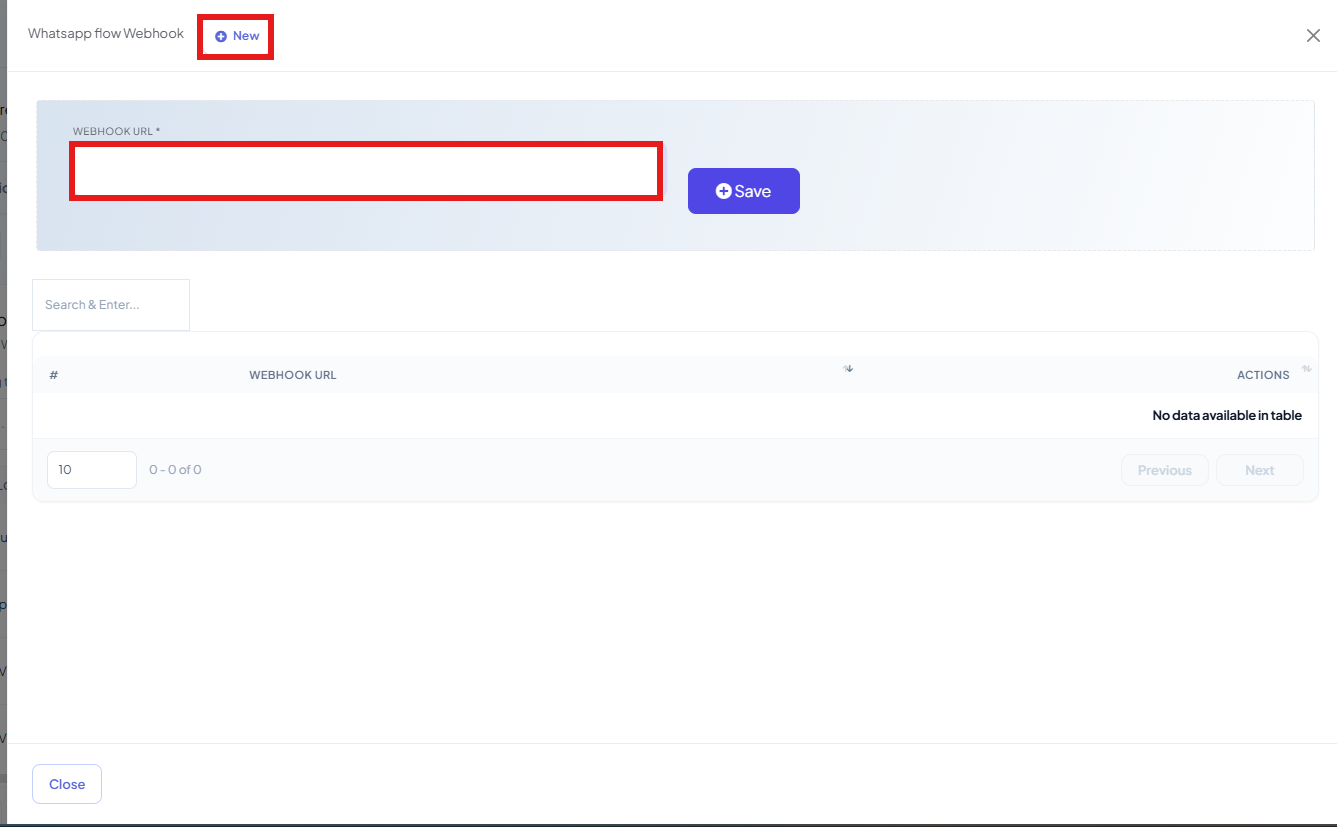 WhatsApp Flow Webhook panel with the Webhook URL input field filled in and the Save button highlighted