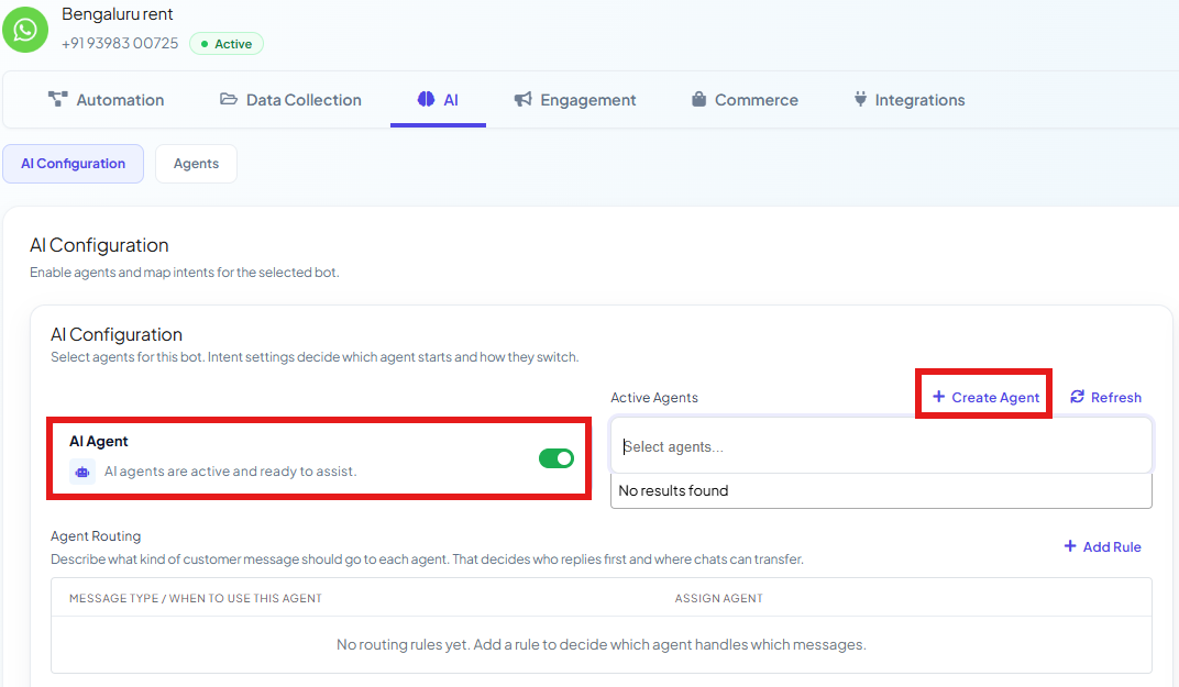 AI Configuration tab with Active Agents selected and an Agent Routing table listing message-type rules and their assigned agent