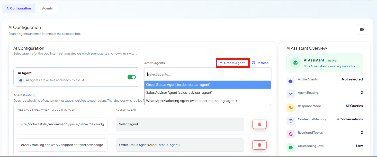 Active Agents multi-select dropdown with three agents all selectable