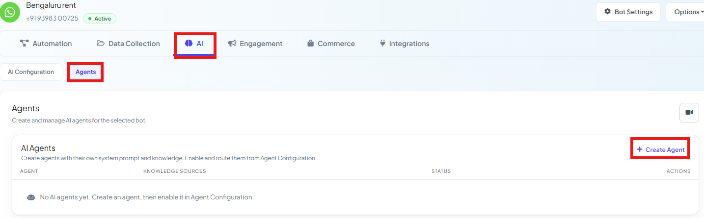Agents tab listing three agents, each with a Knowledge Sources count and Active status