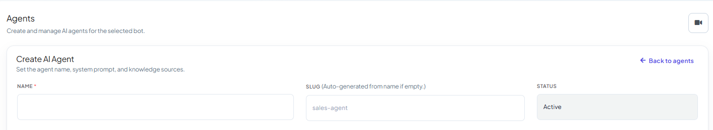 Create AI Agent form with Name, Slug (auto-generated from name if empty), Status, Description, and System Prompt fields