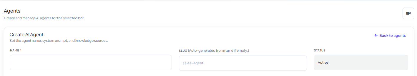 Create AI Agent form with Name, Slug (auto-generated from name if empty), Status, Description, and System Prompt fields