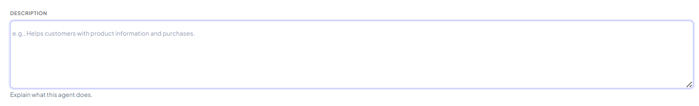 Description field with placeholder text: e.g., Helps customers with product information and purchases