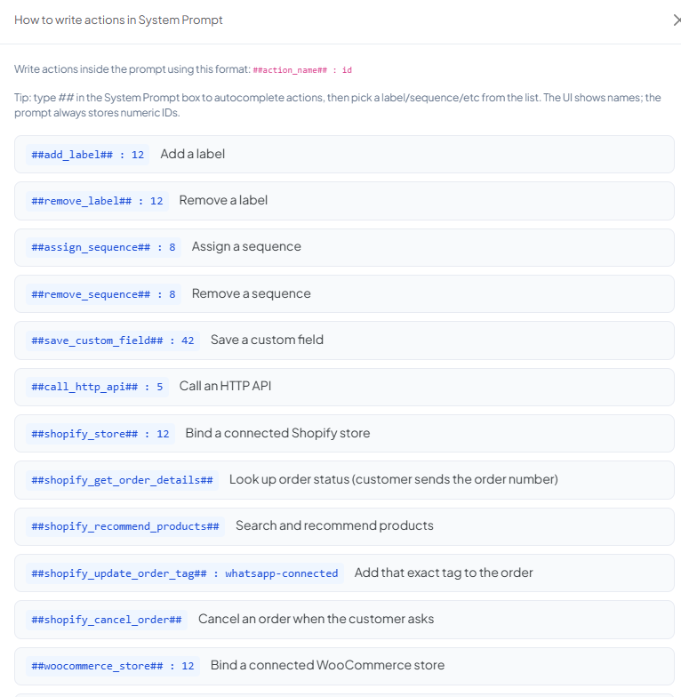 How to write actions in System Prompt popup, listing add_label, remove_label, assign_sequence, remove_sequence, save_custom_field, call_http_api, and the Shopify actions with their ##action_name##: id format